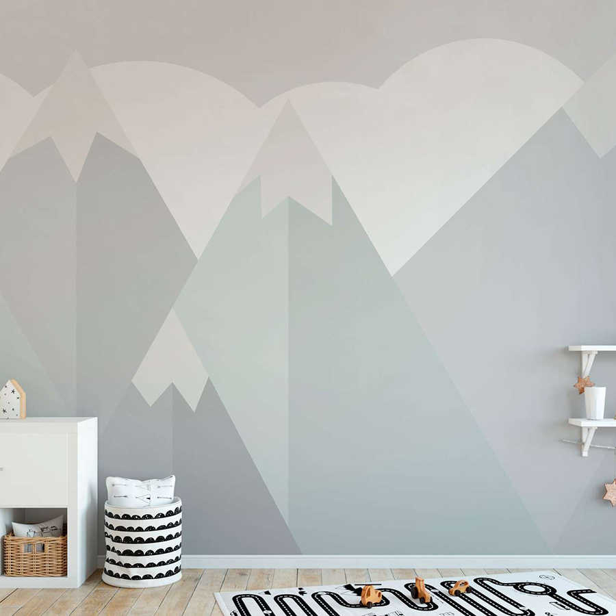Nursery Mountains with Clouds Wallpaper - Blue, Grey, Green
