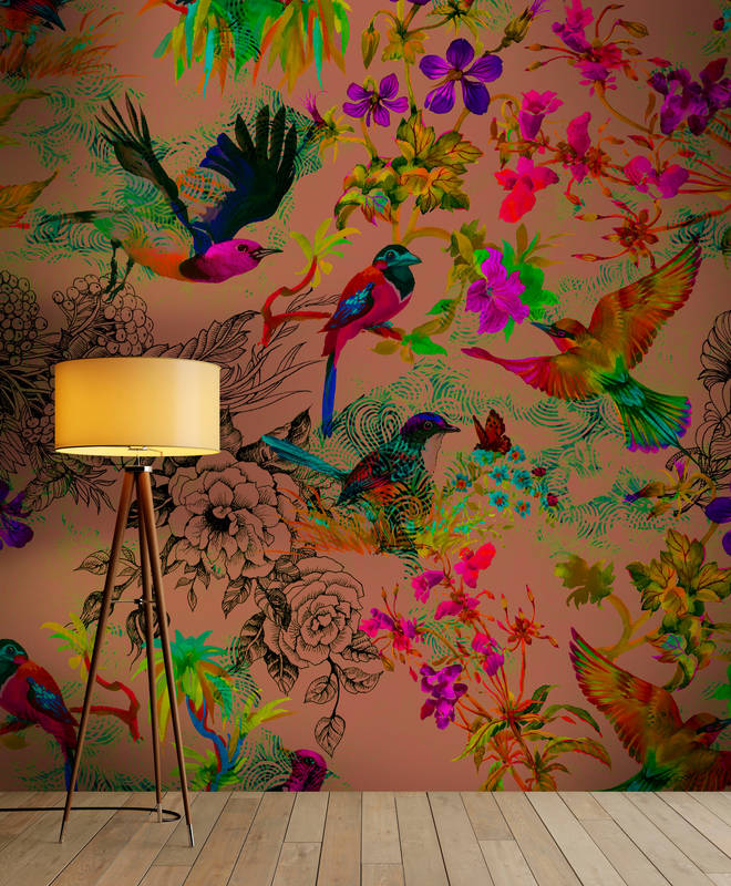             Bird mural in colourful collage style - Colorful, Brown
        
