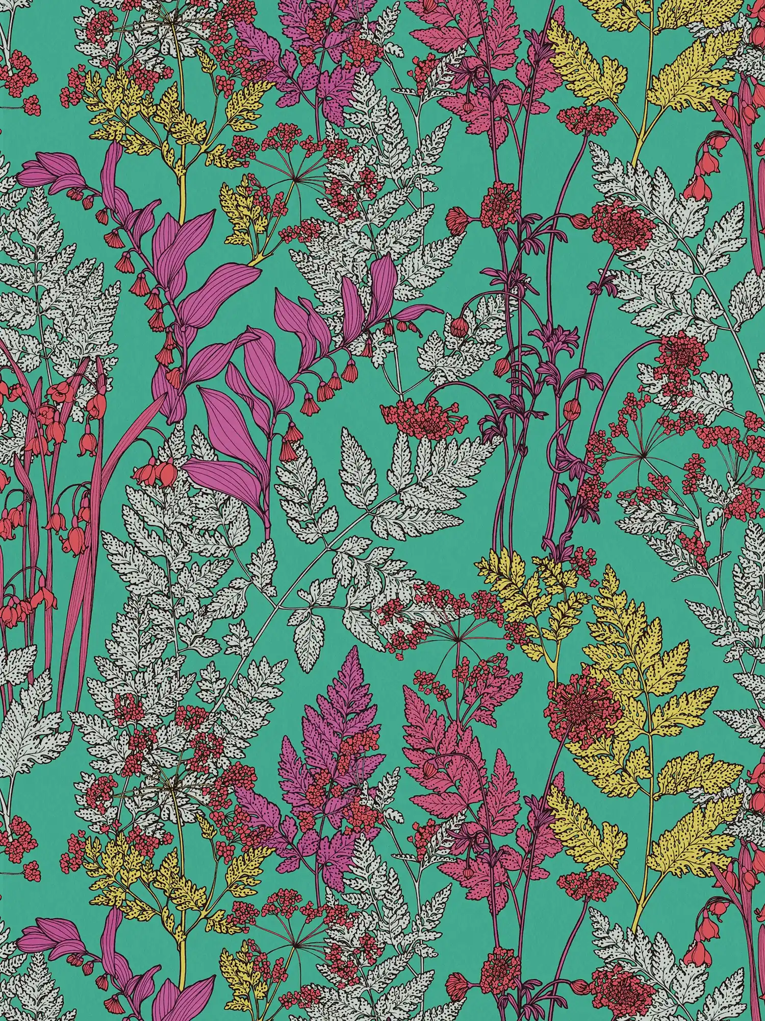 Green non-woven wallpaper colourful leaves pattern in drawing style - green, purple, grey
