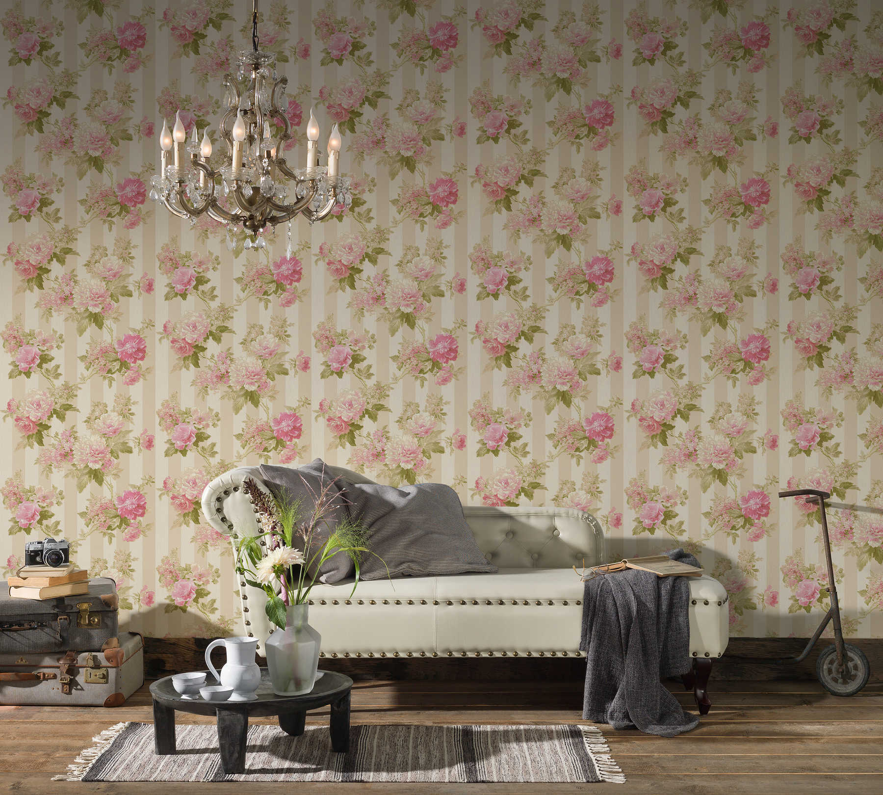             Wallpaper floral motif and stripe design - pink, green, cream
        