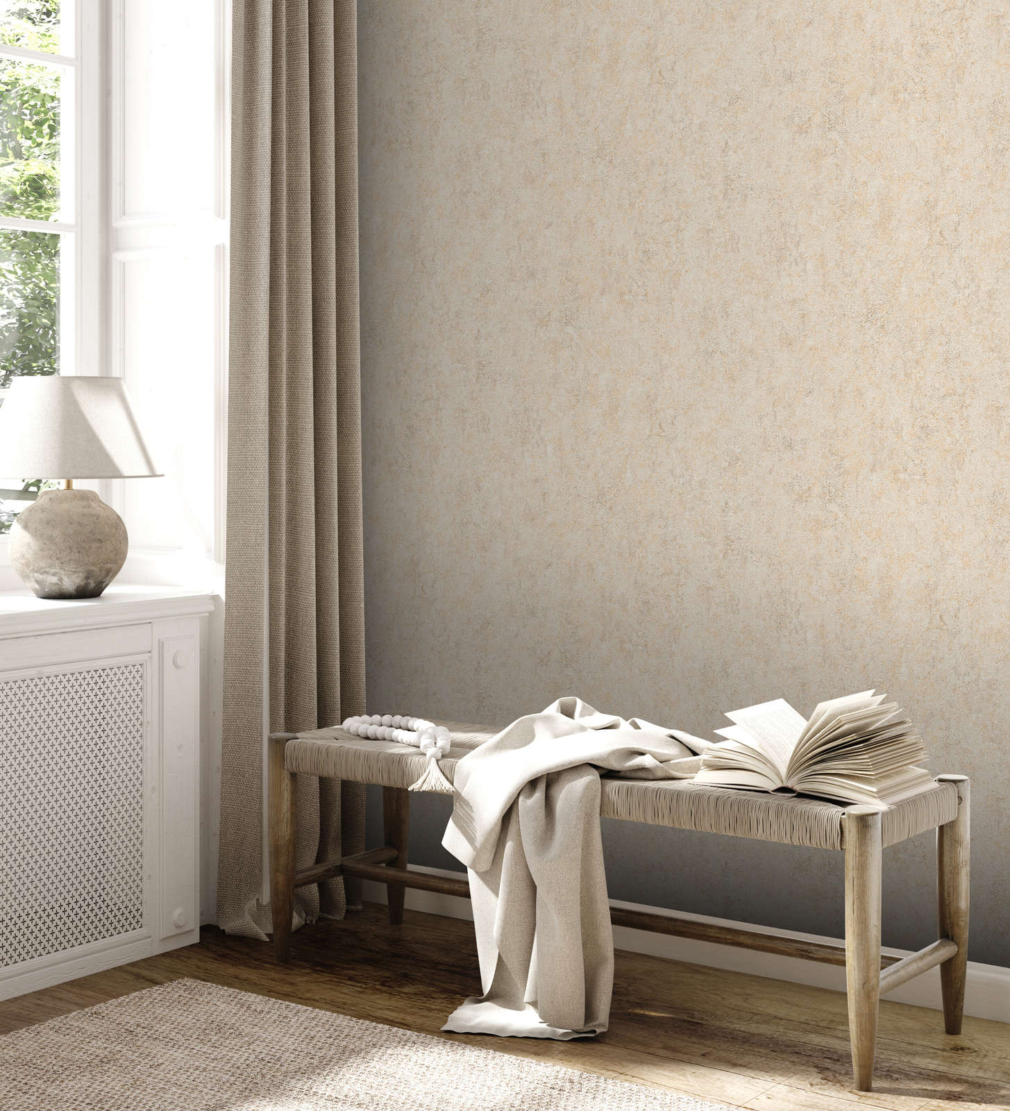             Plain metallic effect wallpaper glossy textured - cream
        