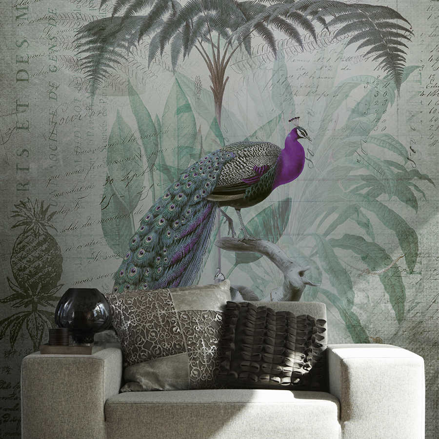         Vintage mural purple peacock with tropical plants & writing
    