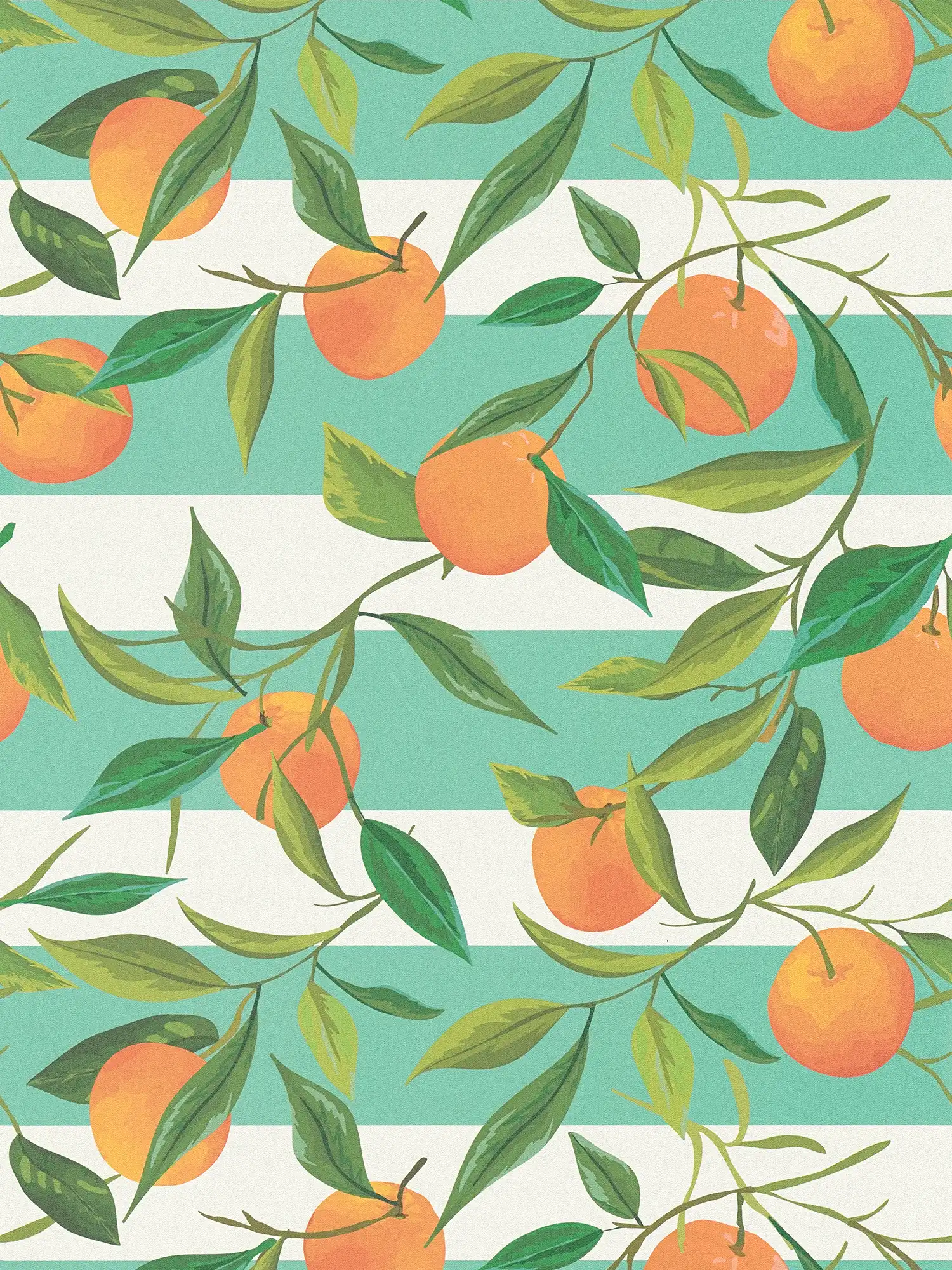         Gestreept vliesbehang met geschilderde sinaasappels en bladeren - turkoois, oranje, groen
    