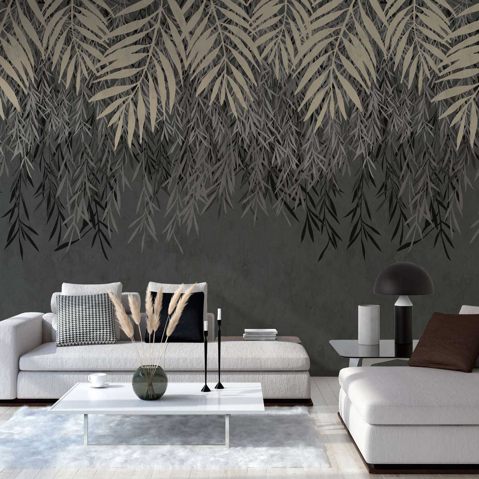         papier peint en papier intissé avec motif de feuilles sombres à grande échelle - gris, crème
    