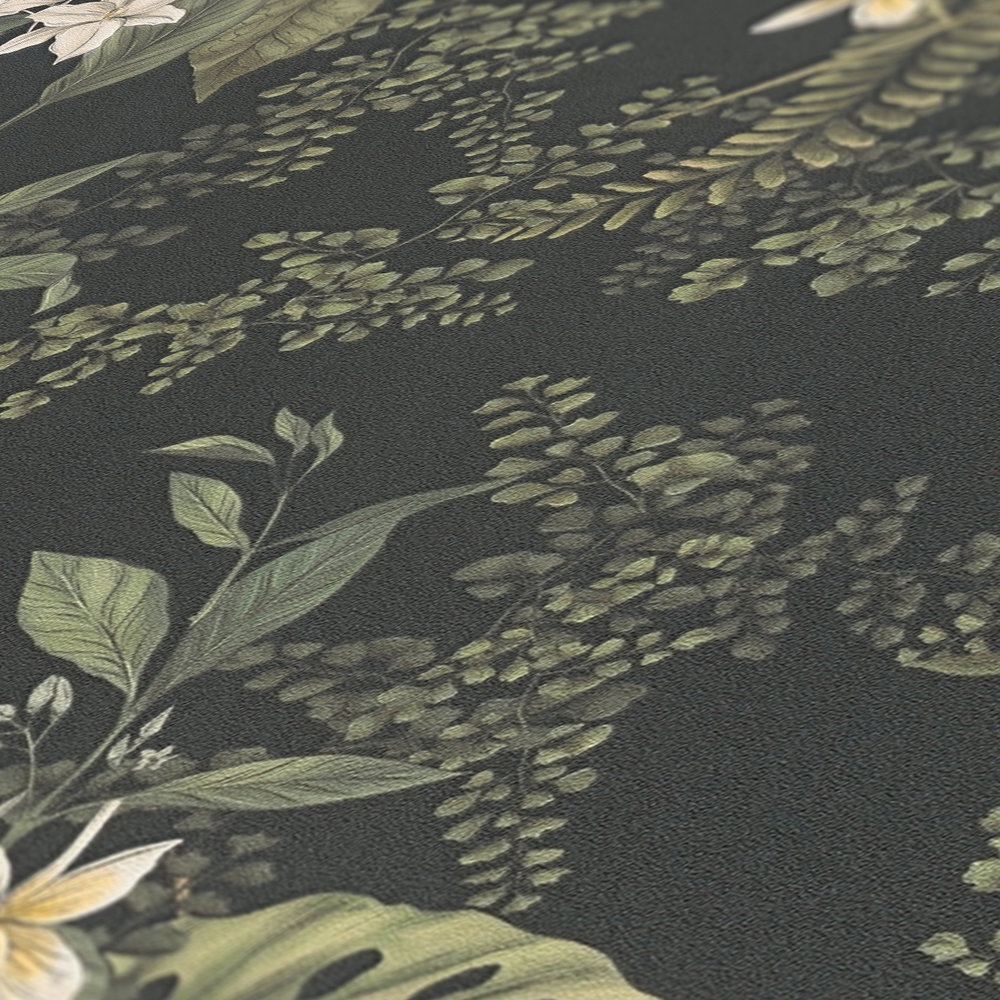             Carta da parati moderna floreale con fiori ed erbe, opaca e testurizzata - nero, verde scuro, bianco
        