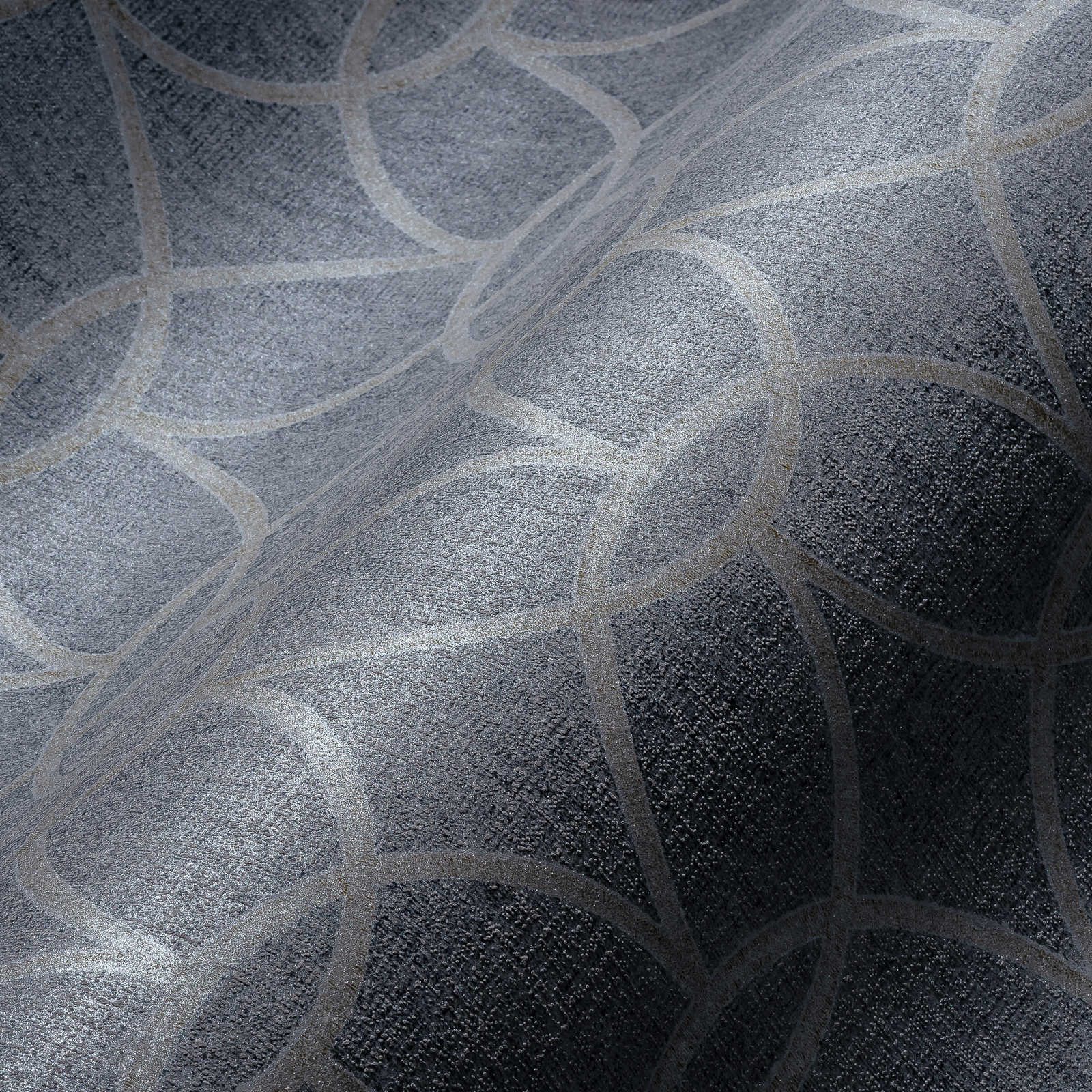             Papel pintado estampado con diseño geométrico y efecto brillante - azul, gris
        