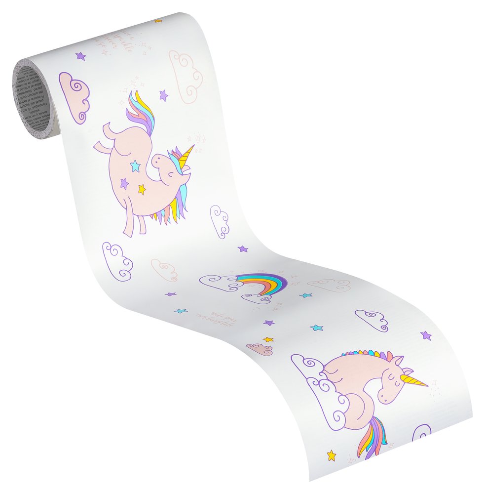             Bordure de papier peint licorne & arc-en-ciel pour chambre d'enfant - rose, blanc
        