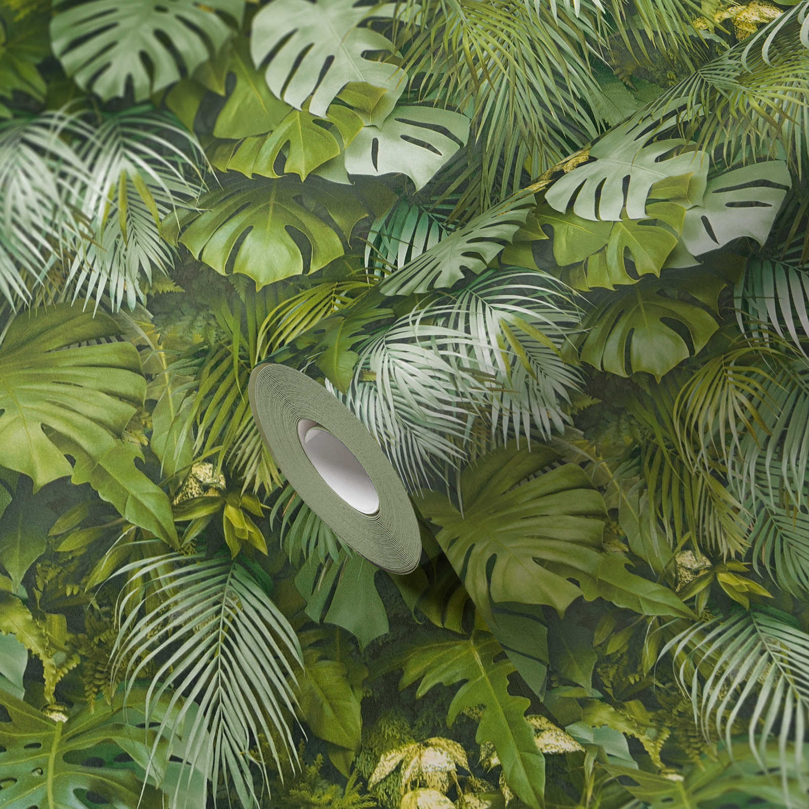             Papier peint adhésif | motif jungle en 3D - vert
        