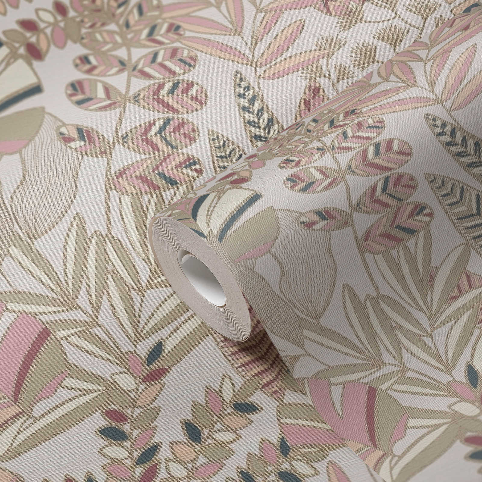             Papel pintado no tejido con grandes hojas en un ligero brillo - rosa, blanco, dorado
        