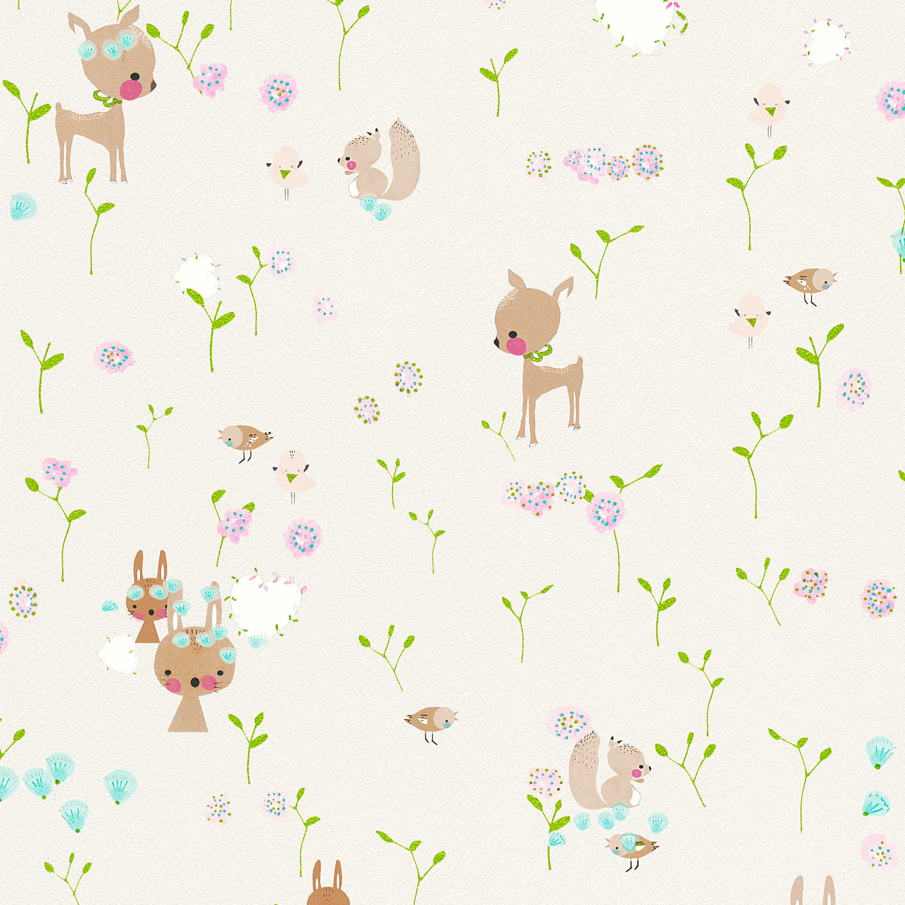         Children wallpaper with forest animals rabbit, deer & squirrel - beige, brown
    