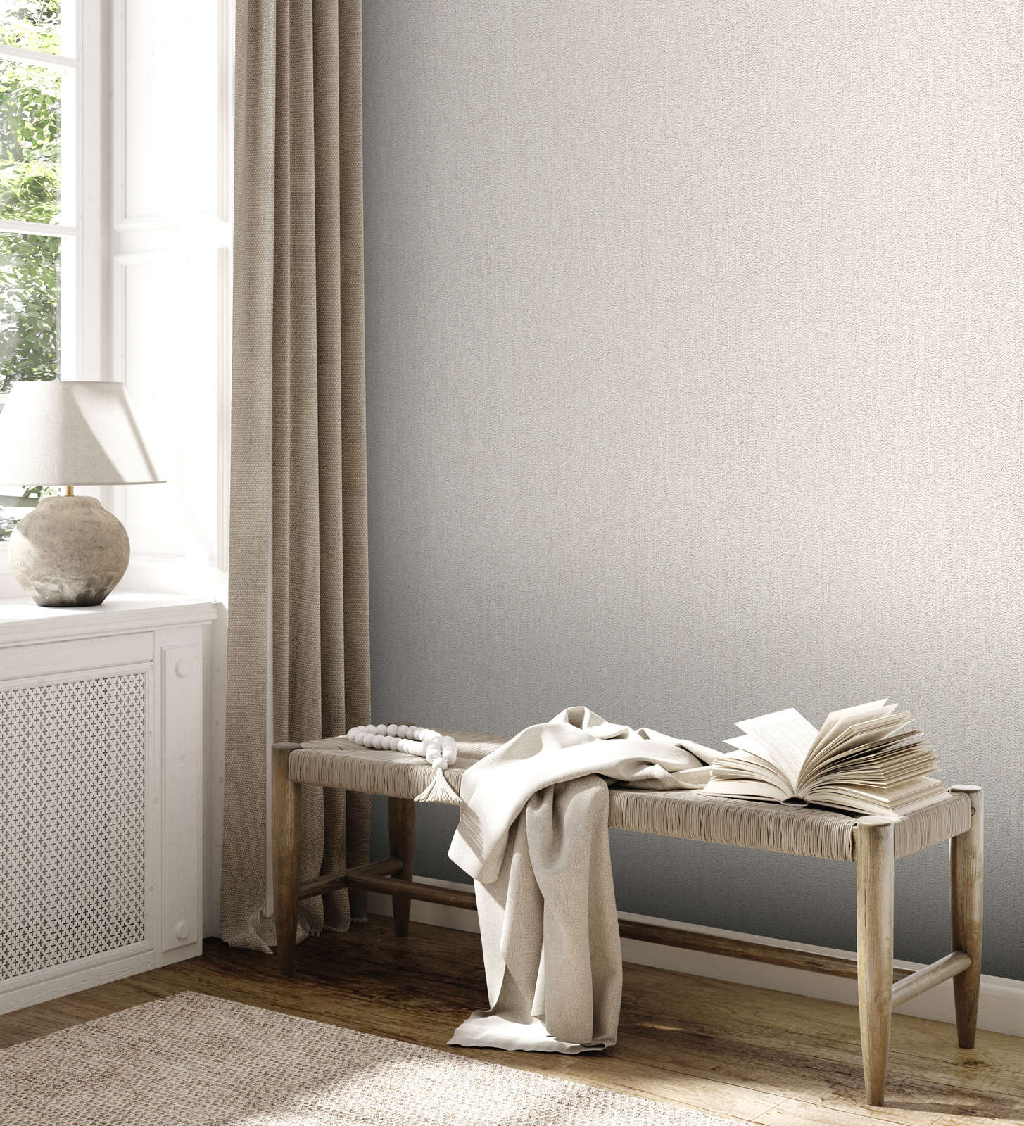             Non-woven wallpaper with fabric structure in light glossy - white, cream
        