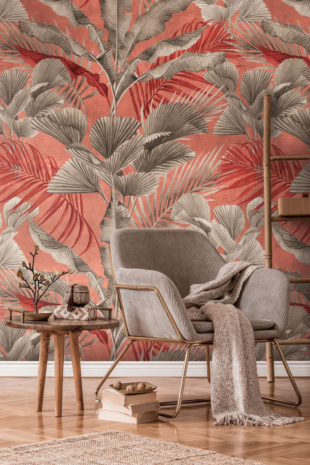             Papier peint jungle avec plantes tropicales - rose, rouge, gris
        