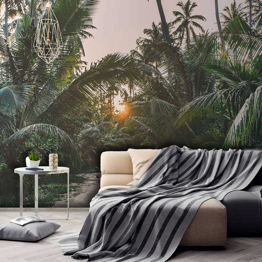 Digital behang met pad door tropisch oerwoud - Groen, Beige, Geel
