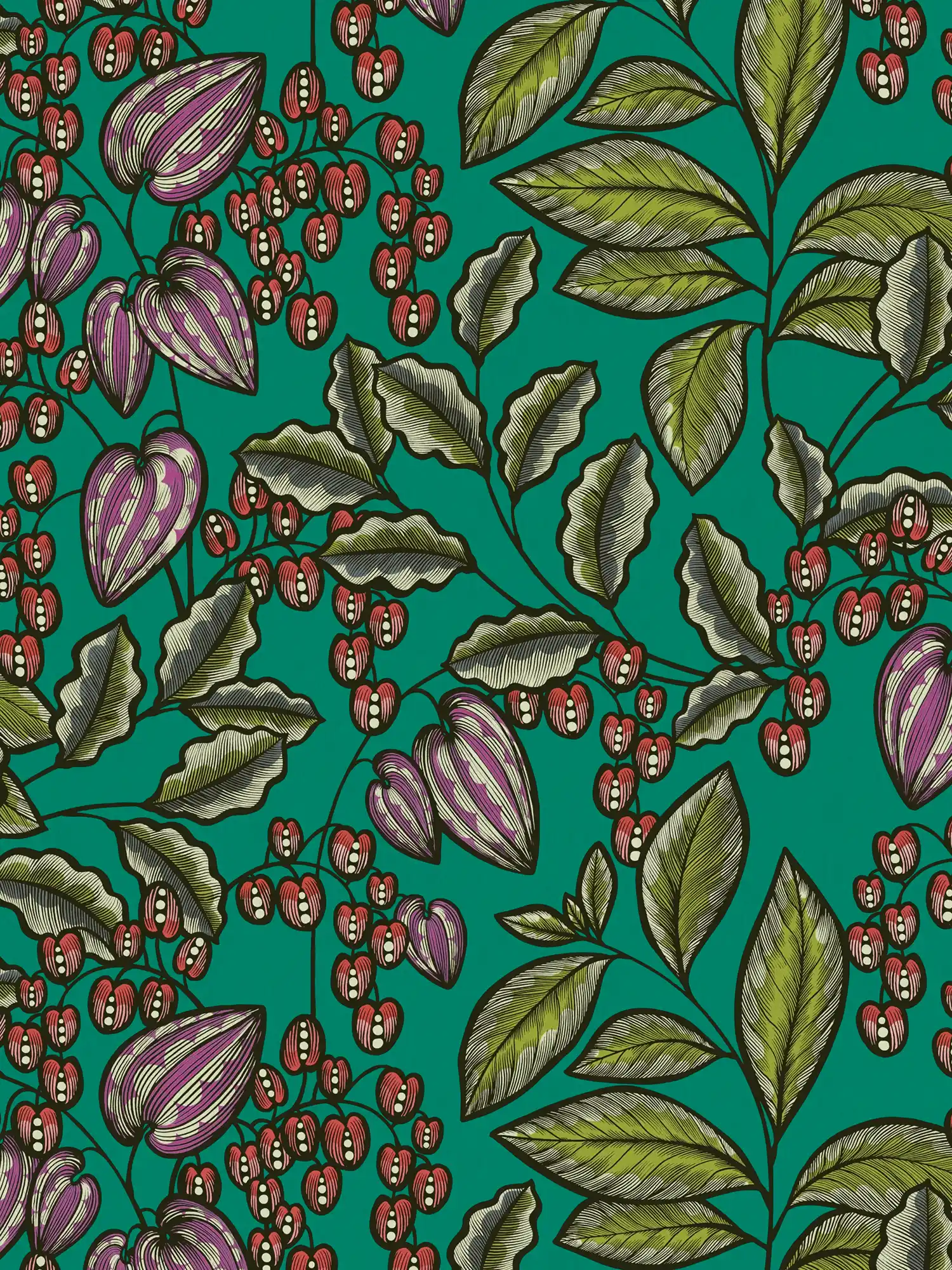 Wallpaper green with leaves motif in Scandi design - green, red, purple

