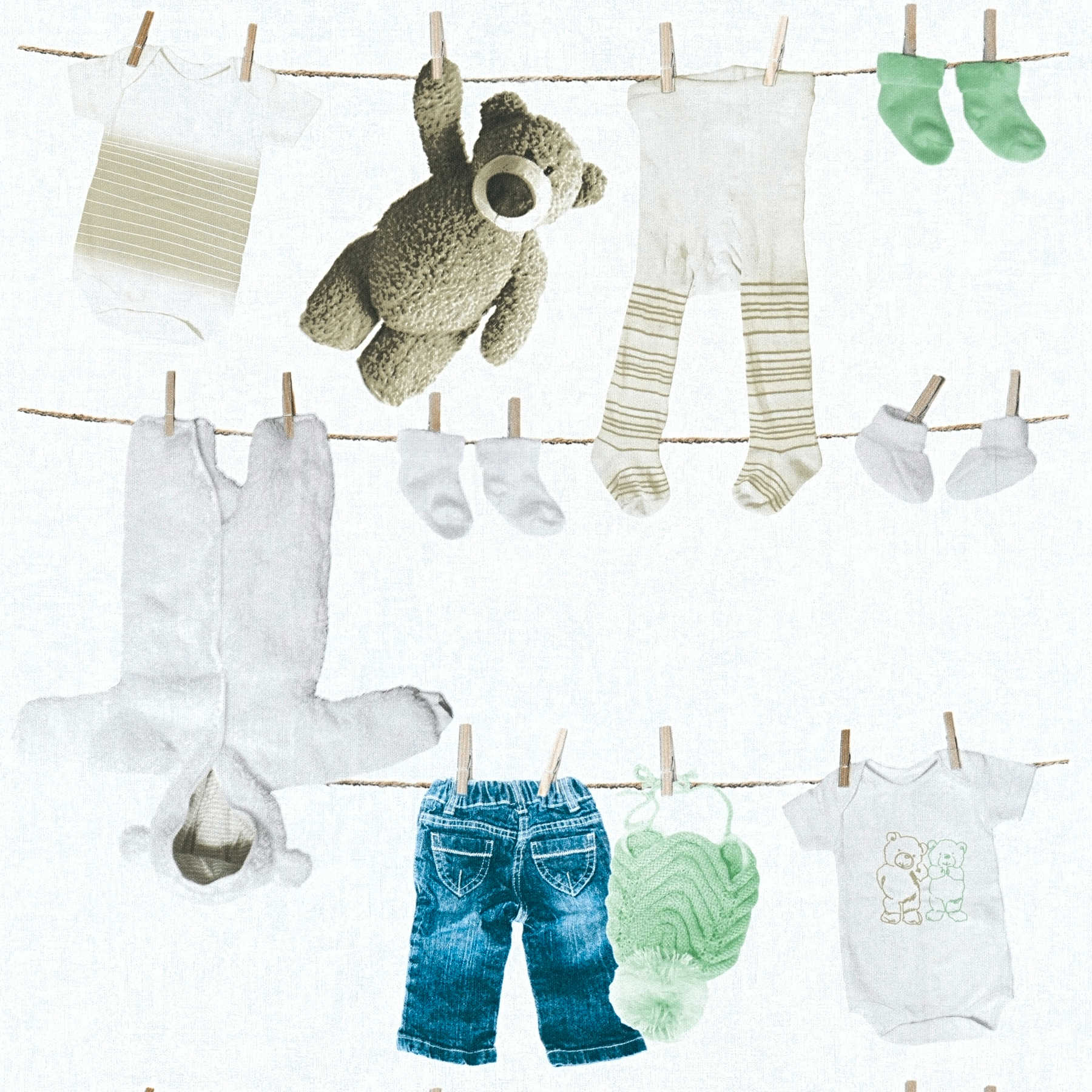 Nursery wallpaper baby clothesline with teddy bear - cream
