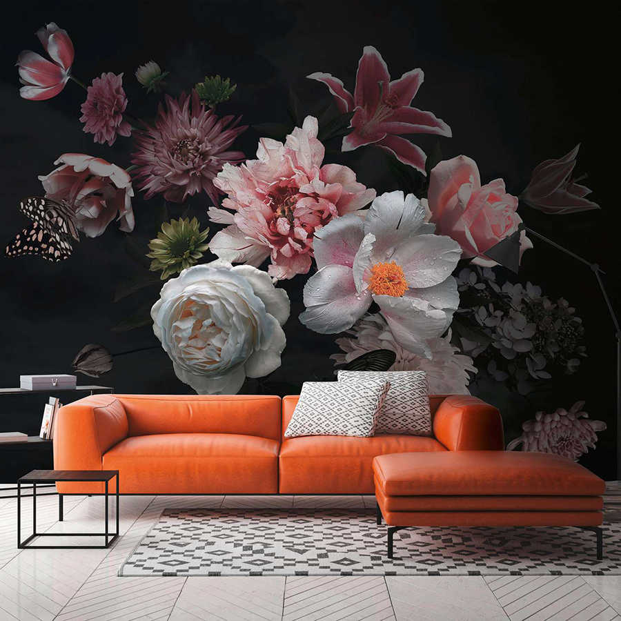 Papel pintado Flores diversas con mariposa - Negro, Rosa, Blanco
