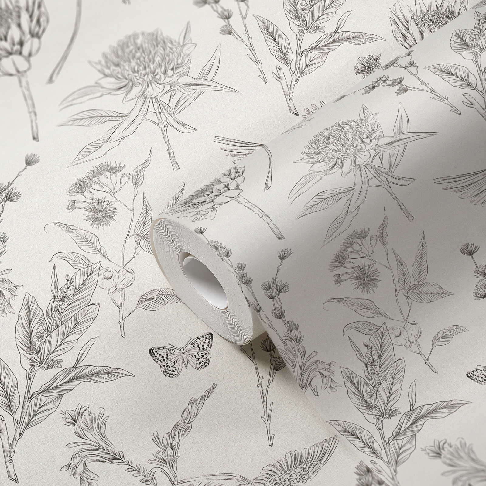             papier peint en papier floral avec fleurs & animaux structuré mat - blanc, noir
        