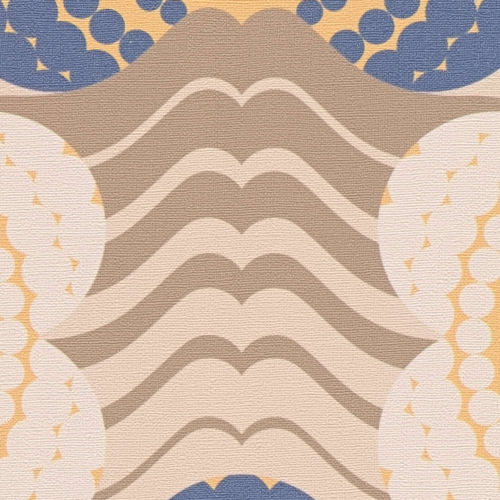             papier peint en papier légèrement structuré avec motifs de vagues et de fleurs - beige, marron, bleu
        