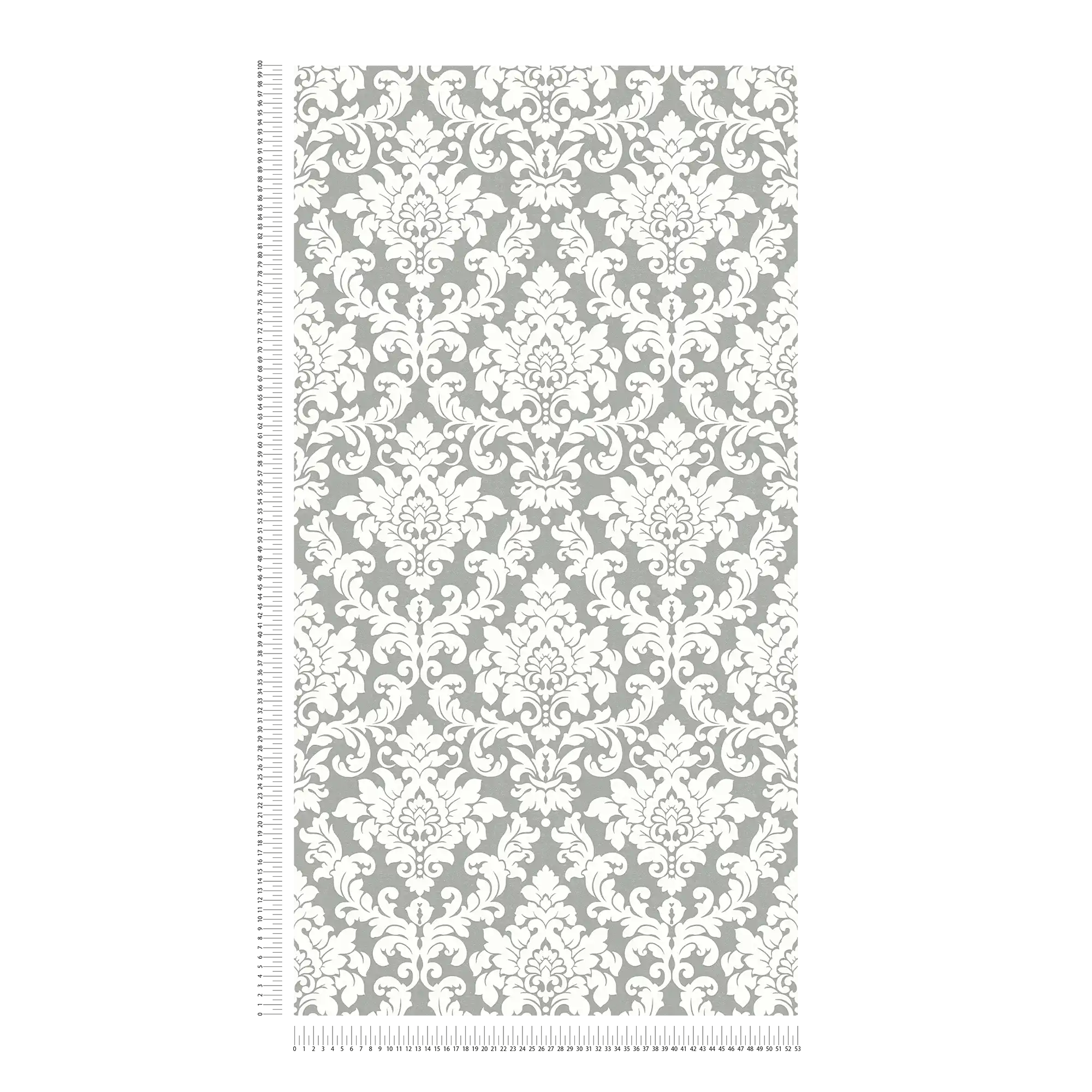             Zilver behang met wit ornament ontwerp
        