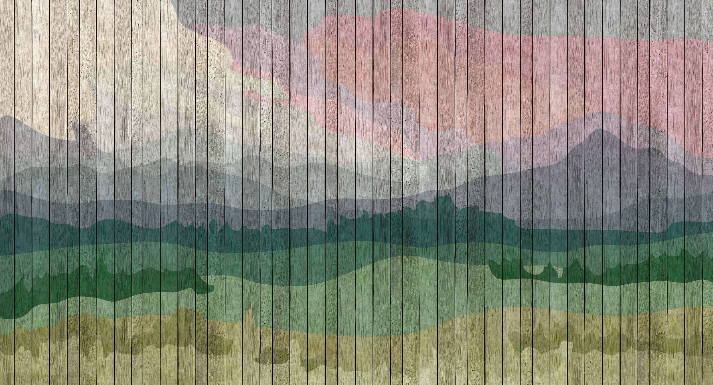             Mountains 2 - Papier peint moderne Paysage de montagne & aspect planche - beige, bleu | nacré intissé lisse
        