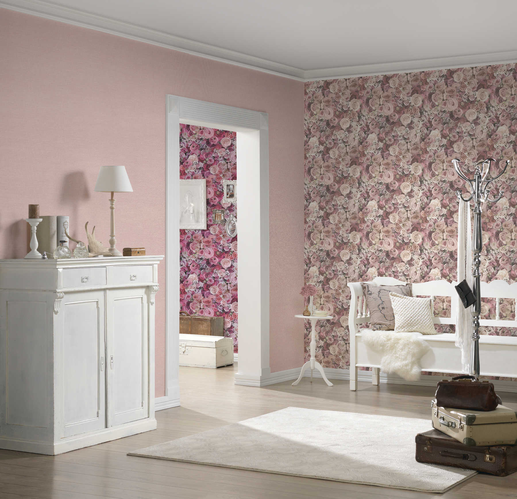             Plain wallpaper pink textile design with grey polka dots
        