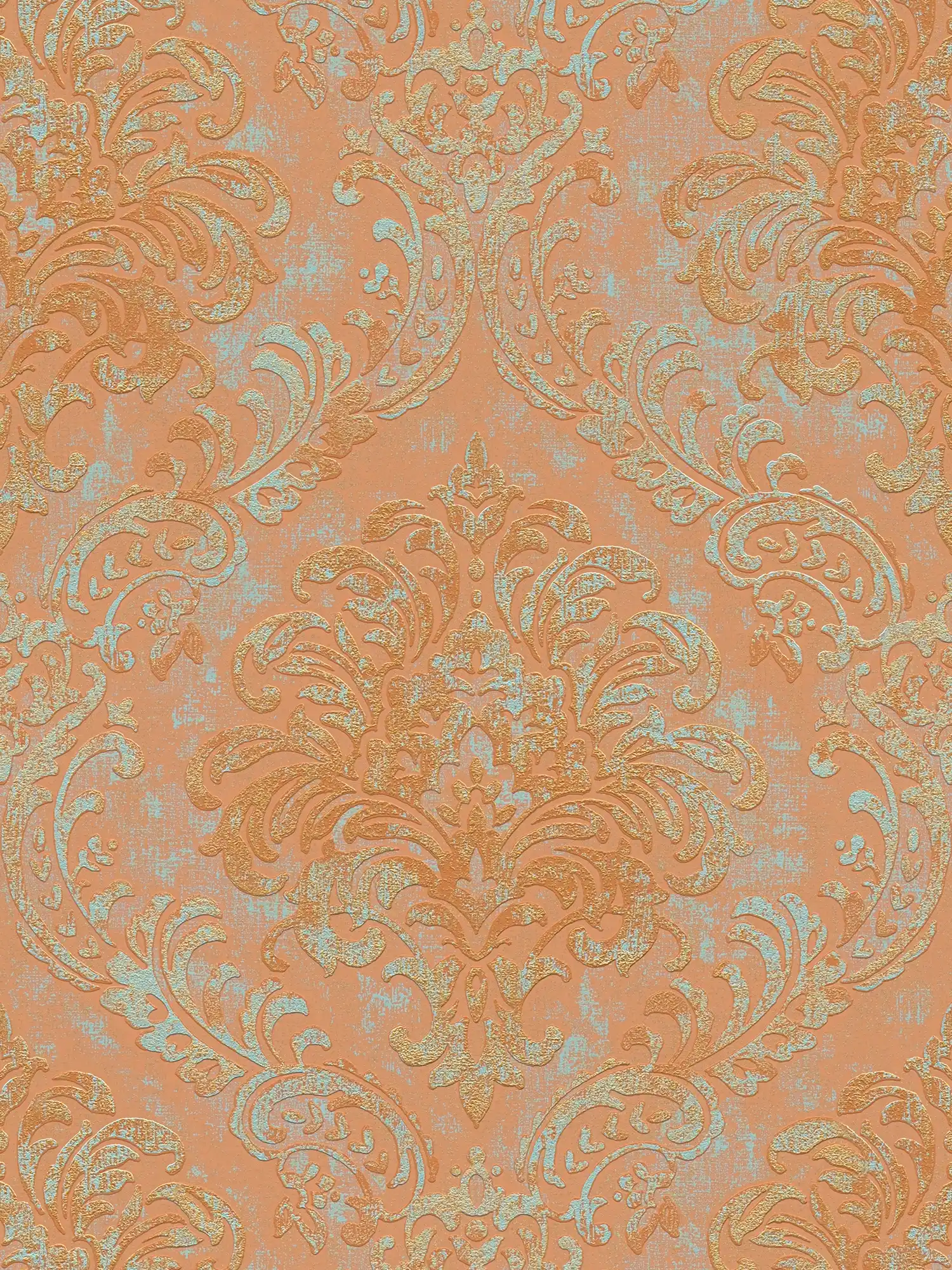 Metallic-look non-woven wallpaper with ornament - orange, pink, turquoise
