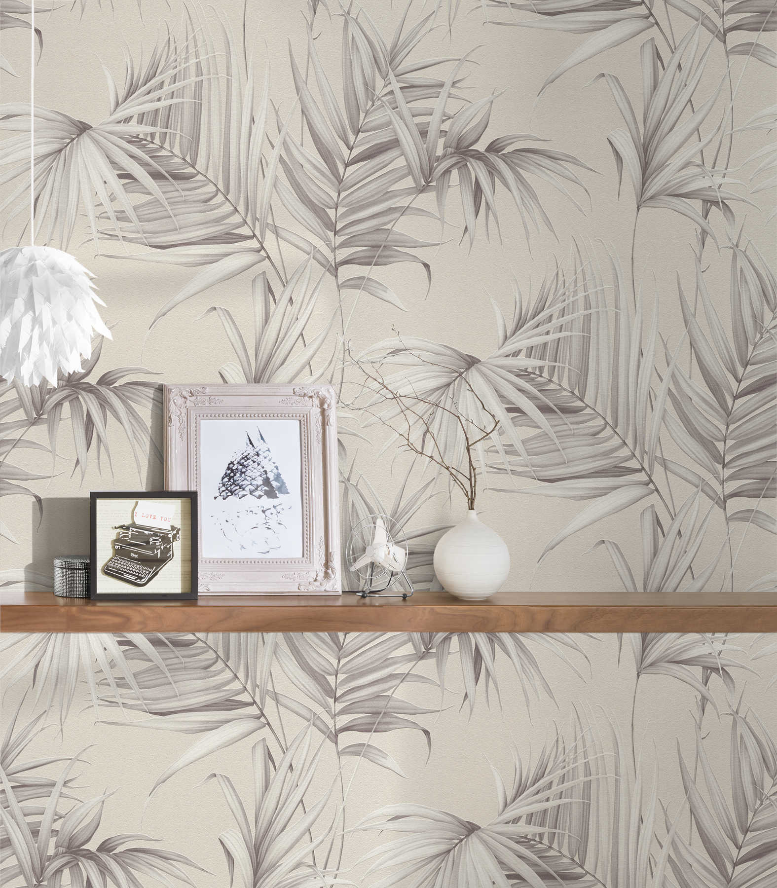            Feuilles de palmier papier peint avec effet structuré - beige, gris
        