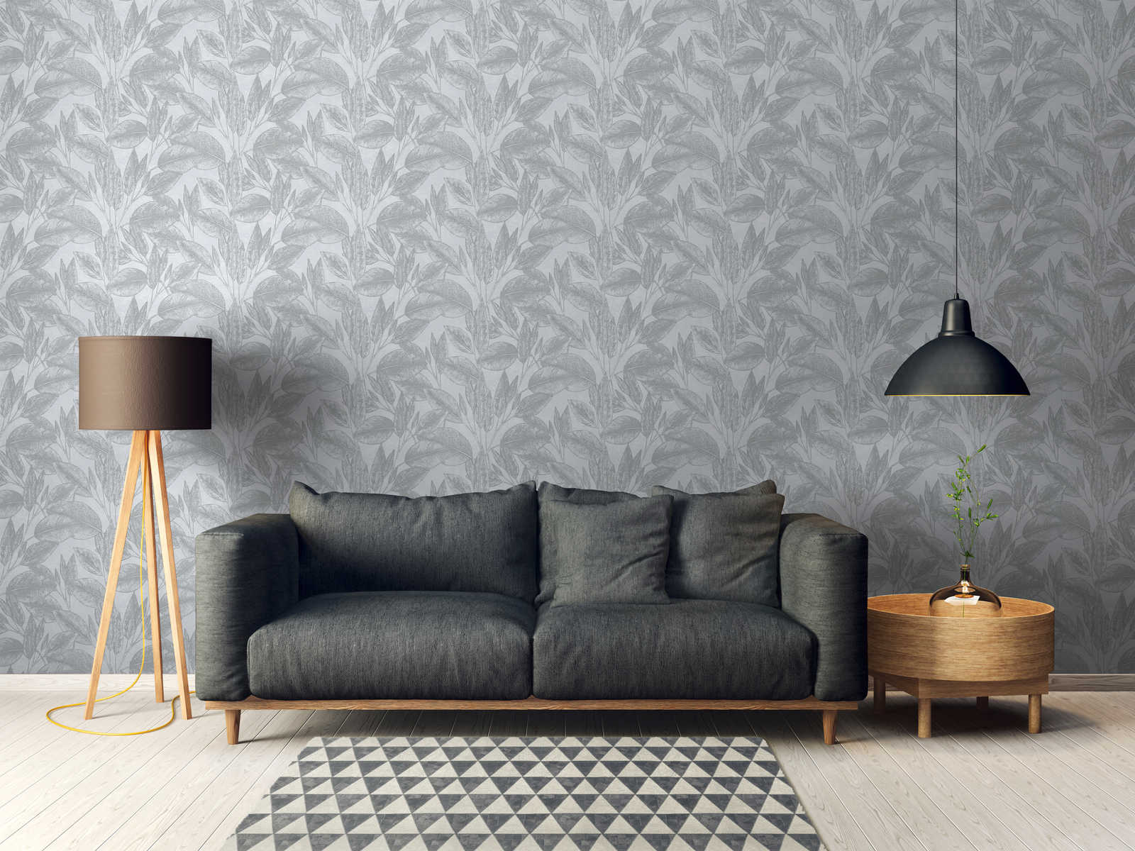             Vintage look leaf pattern wallpaper - grey, metallic
        