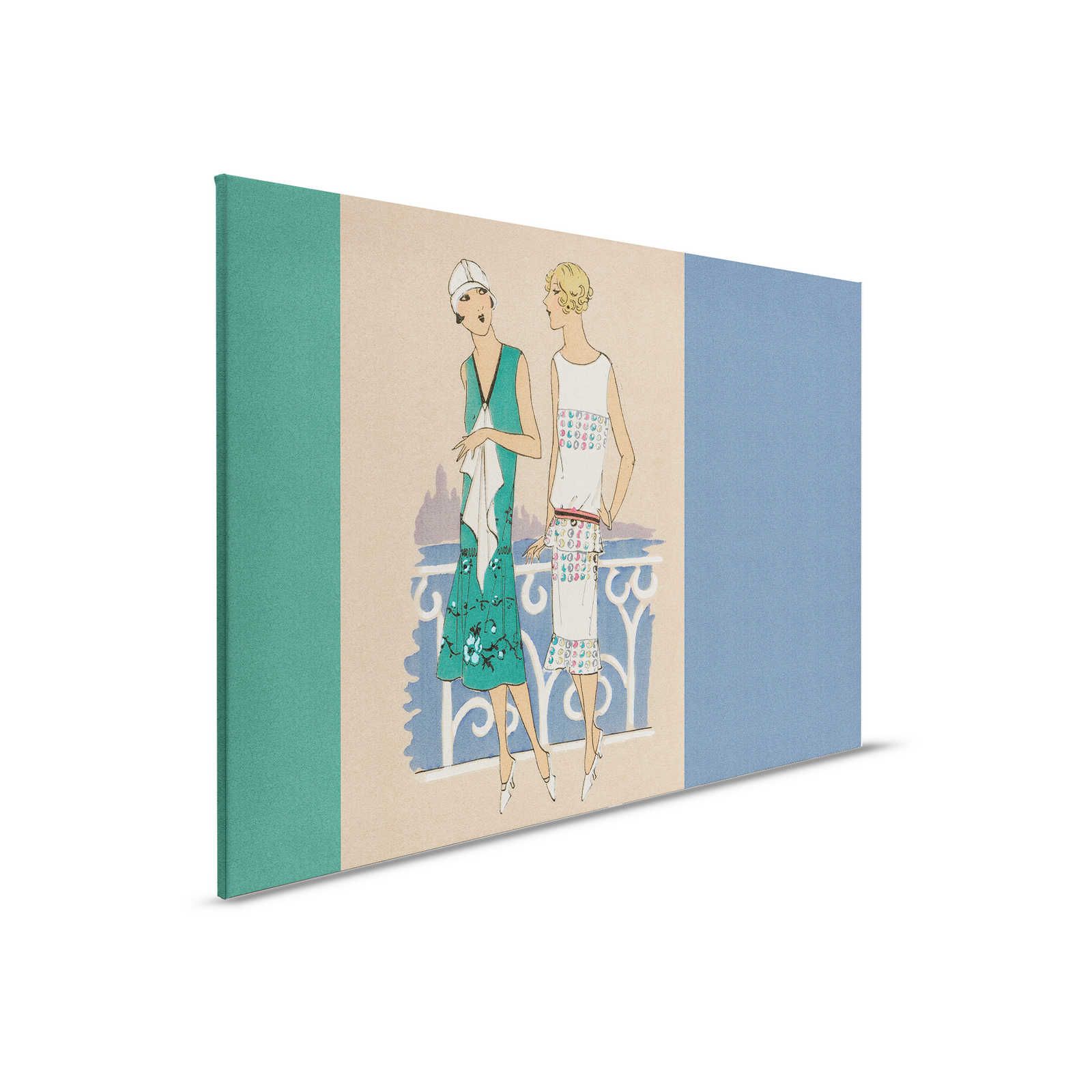 Parisienne 3 - toile rétro mode impression années 20 en bleu & vert - 0,90 m x 0,60 m
