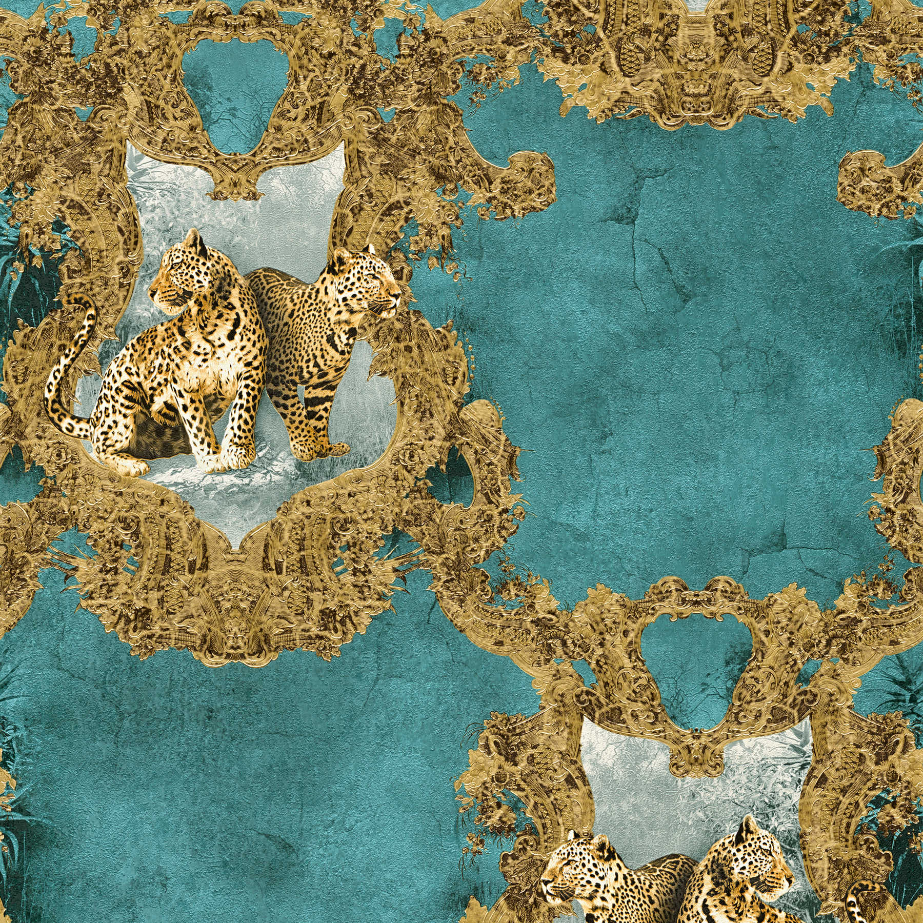         Wallpaper ornaments & leopard motif - blue, brown
    