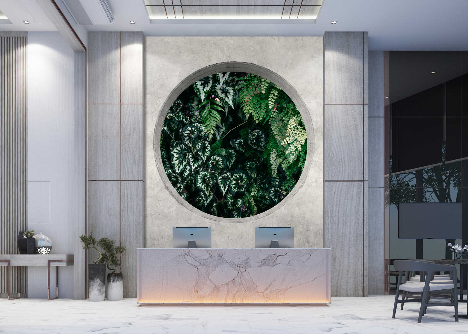             Deep Green 1 - Foto papel pintado ventana redonda con plantas de la selva
        