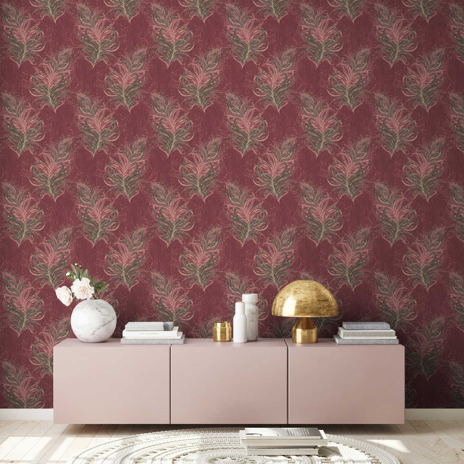             Red wallpaper with feathers, gold design & texture effect
        