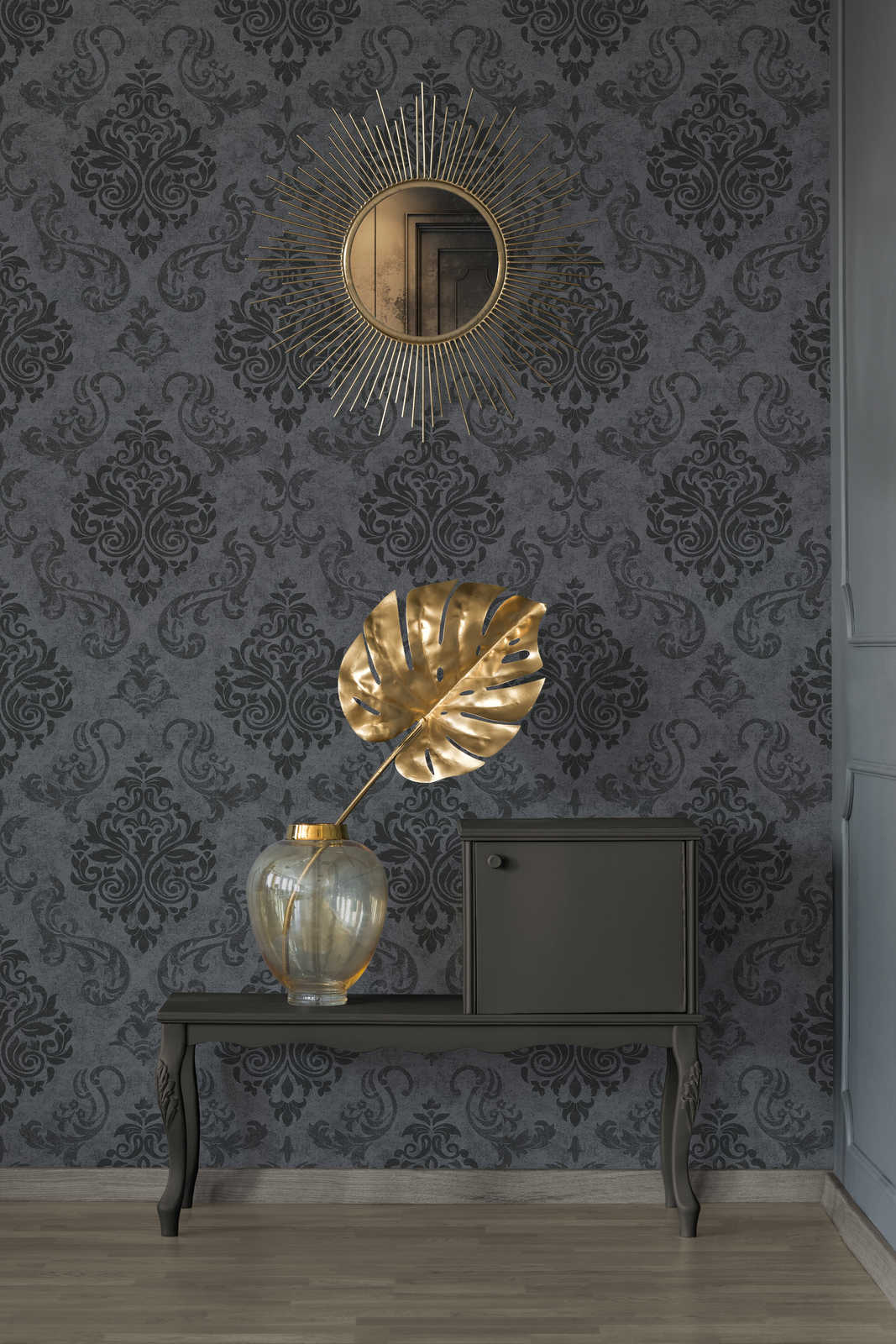             Ornamenten behang barok met glittereffect - grijs, metallic, zwart
        