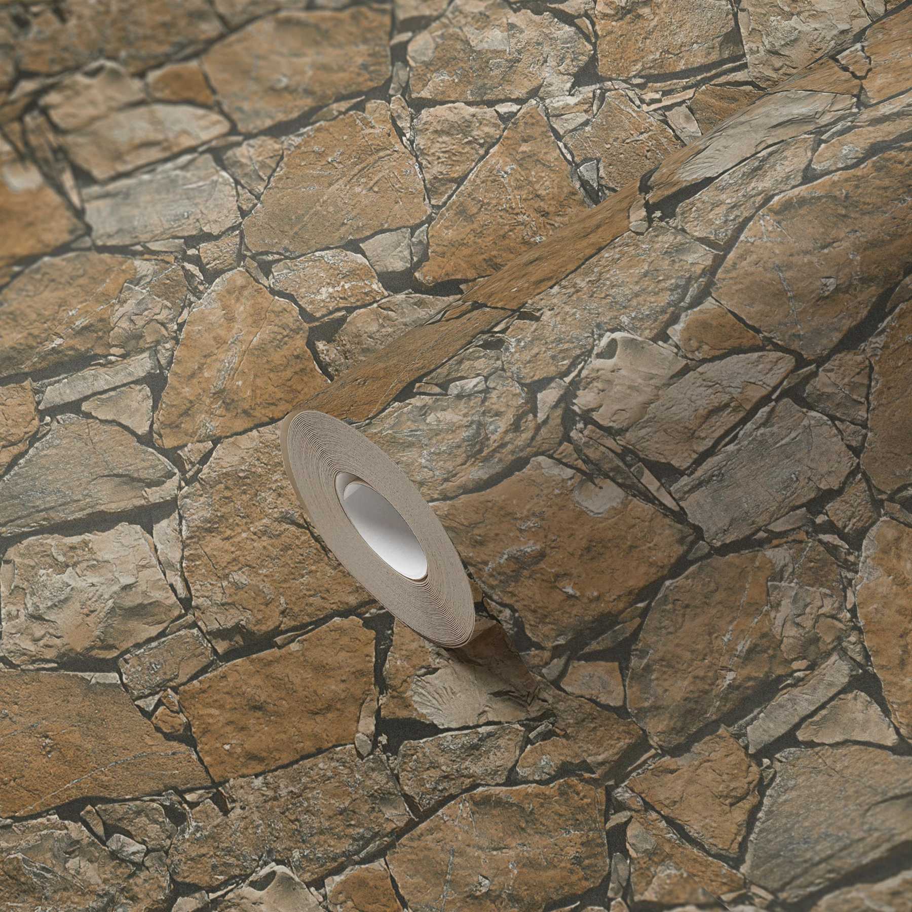             Carta da parati in pietra naturale con aspetto realistico delle pareti - marrone, beige, nero
        