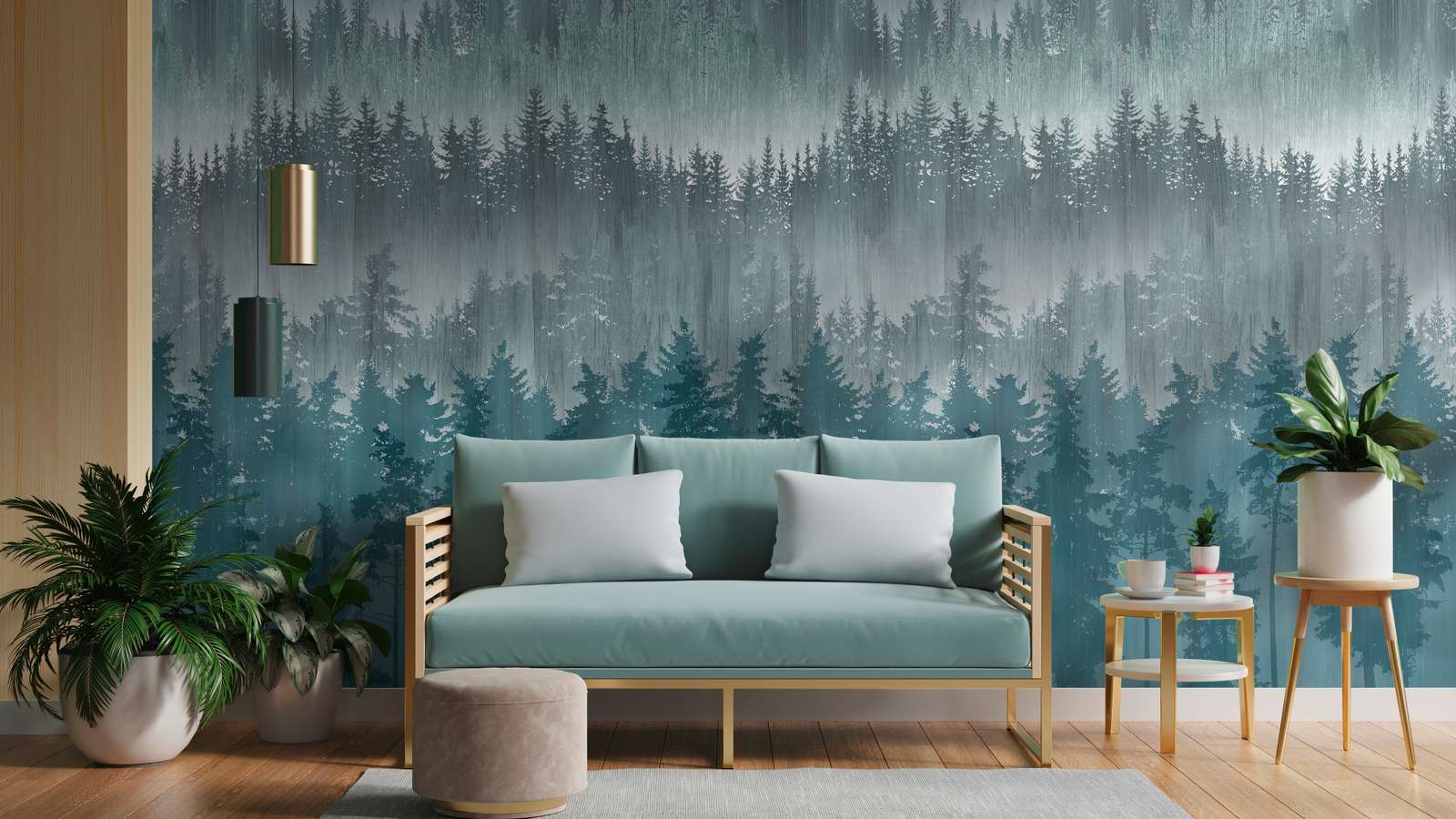             Papel pintado no tejido con motivo de bosque abstracto - azul, gris, petróleo
        
