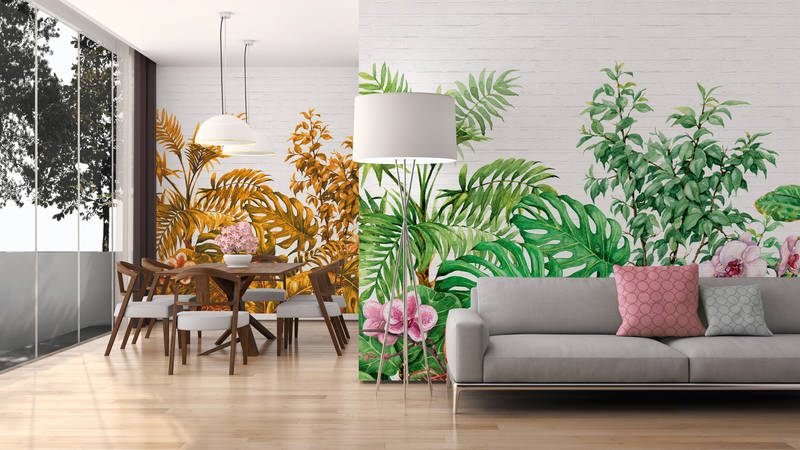             Wall motif with jungle leaves - green, white, pink
        