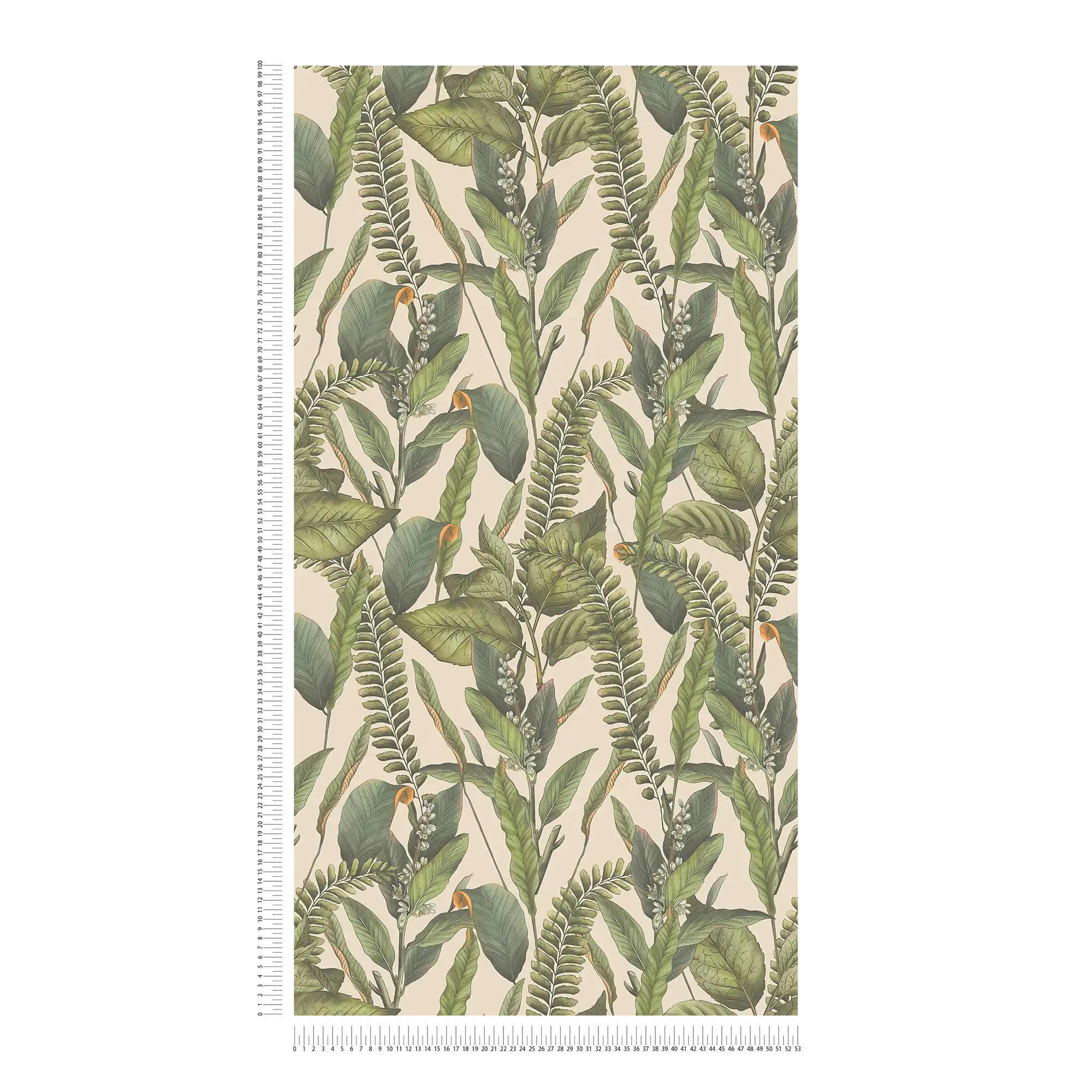             papier peint en papier jungle floral avec feuilles & fleurs structuré mat - crème, vert, orange
        