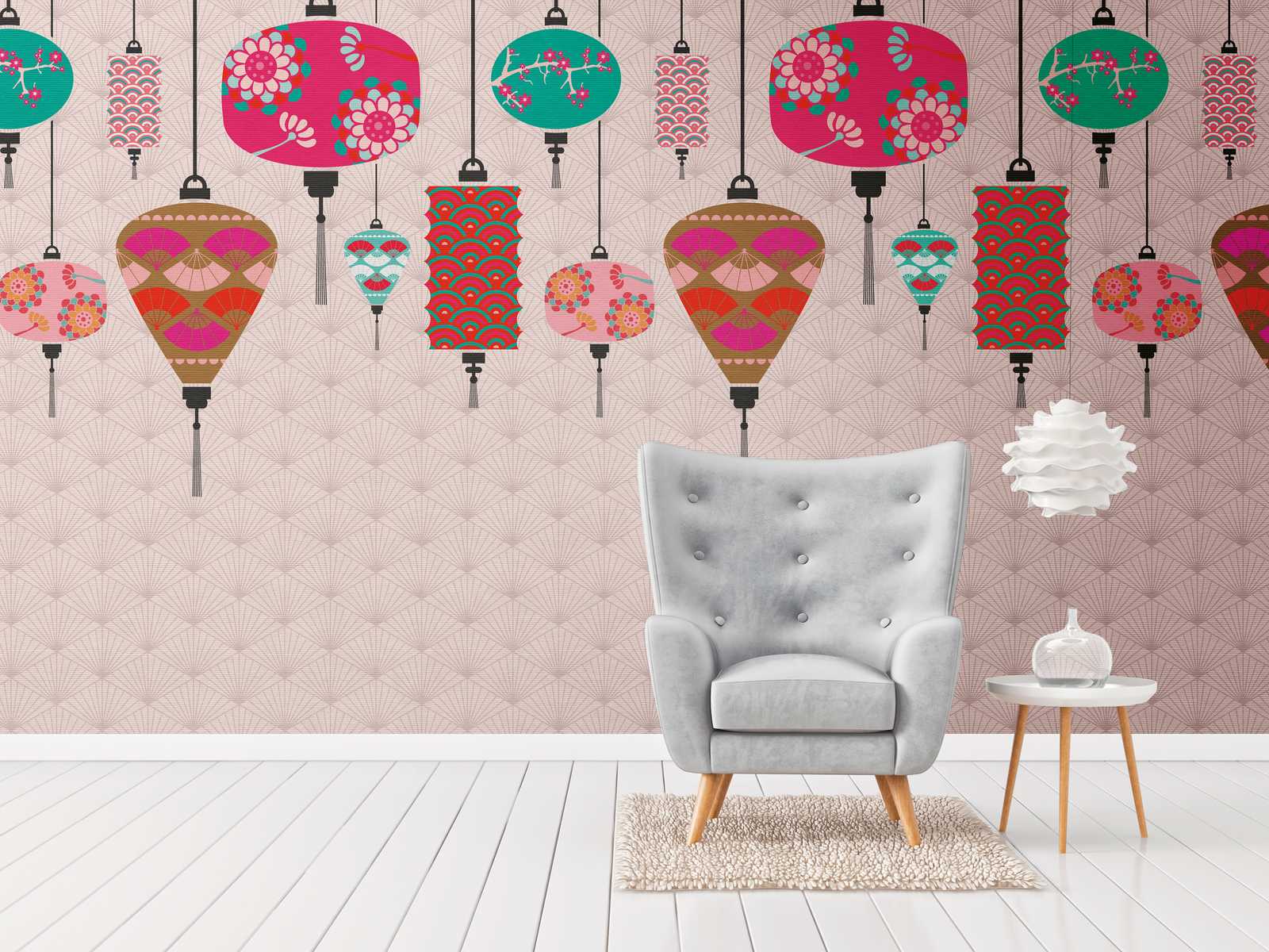             Nieuw behangpapier | Aziatisch motief behang met kleurrijke lantaarns
        