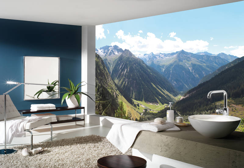             Muurschildering met Alpen - valleizicht in Oostenrijk
        