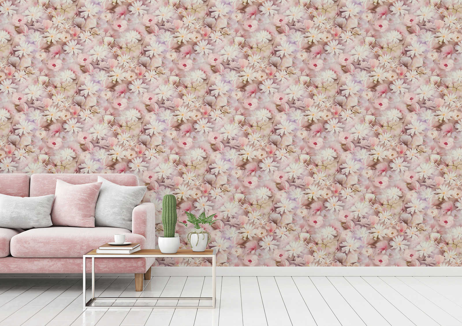            Floral wallpaper collage design in pink and white
        