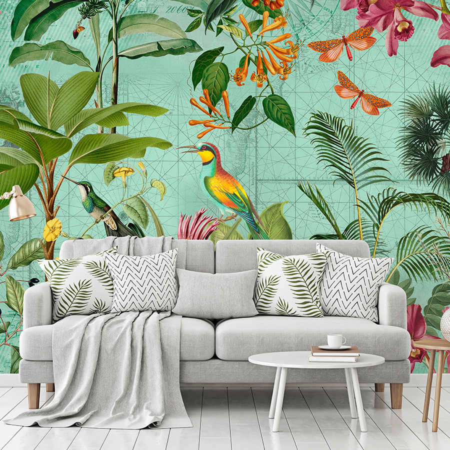         Colorful jungle mural with trees, flowers & animals
    