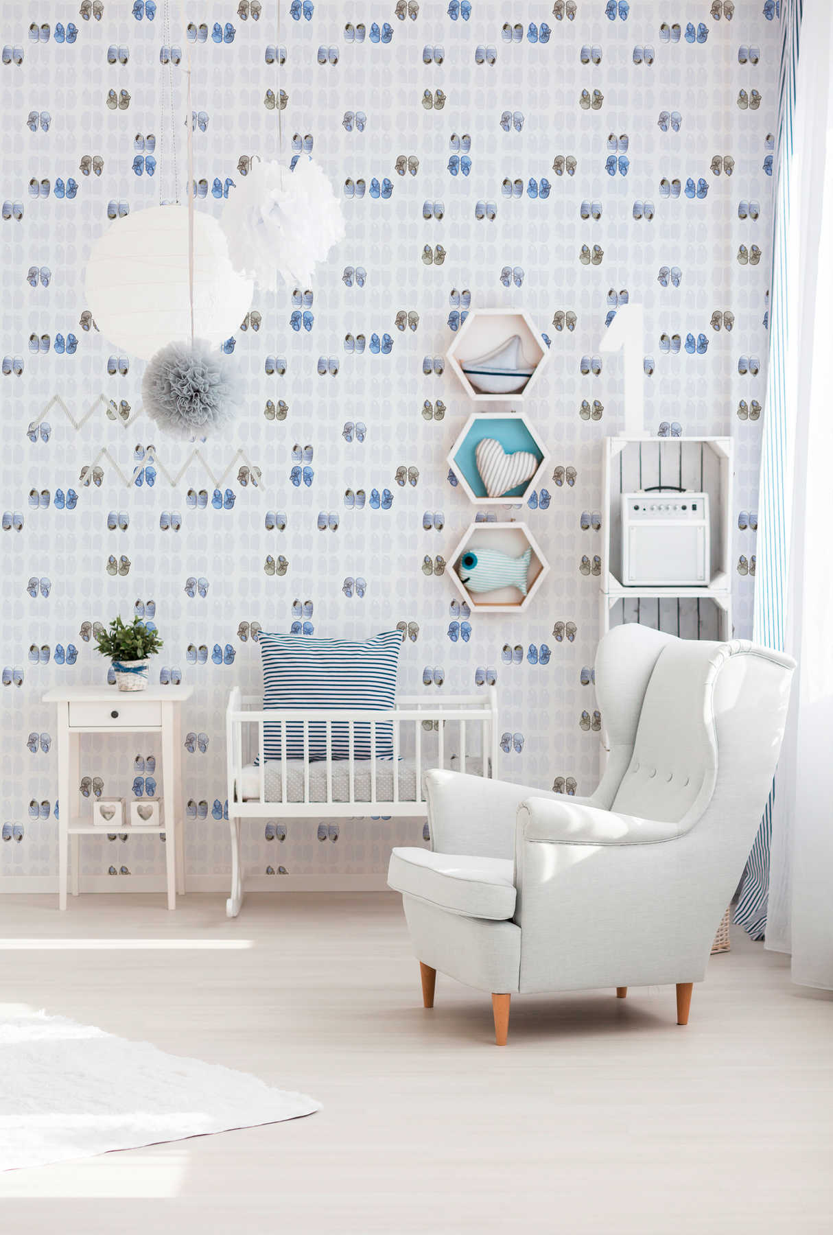             Baby room wallpaper baby shoes for boys - blue, white
        