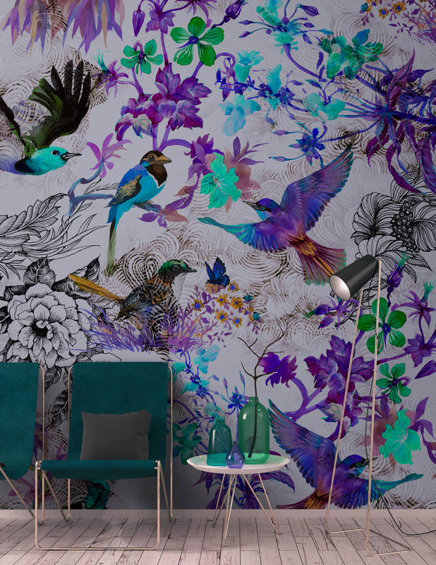            Purple mural with flowers & birds - blue, grey
        