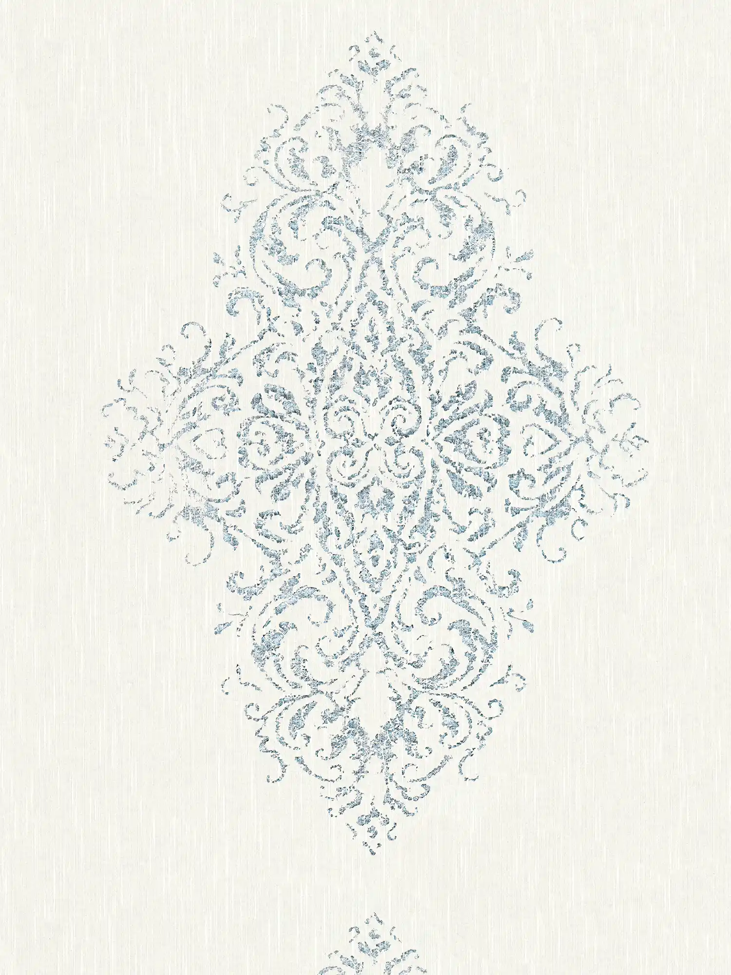 Papel pintado ornamental con efecto metálico en aspecto usado - blanco, plata, azul
