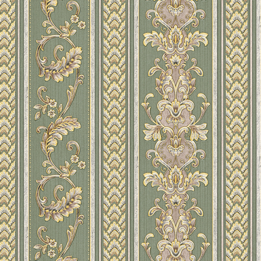             Wallpaper striped with baroque ornaments - gold, green
        