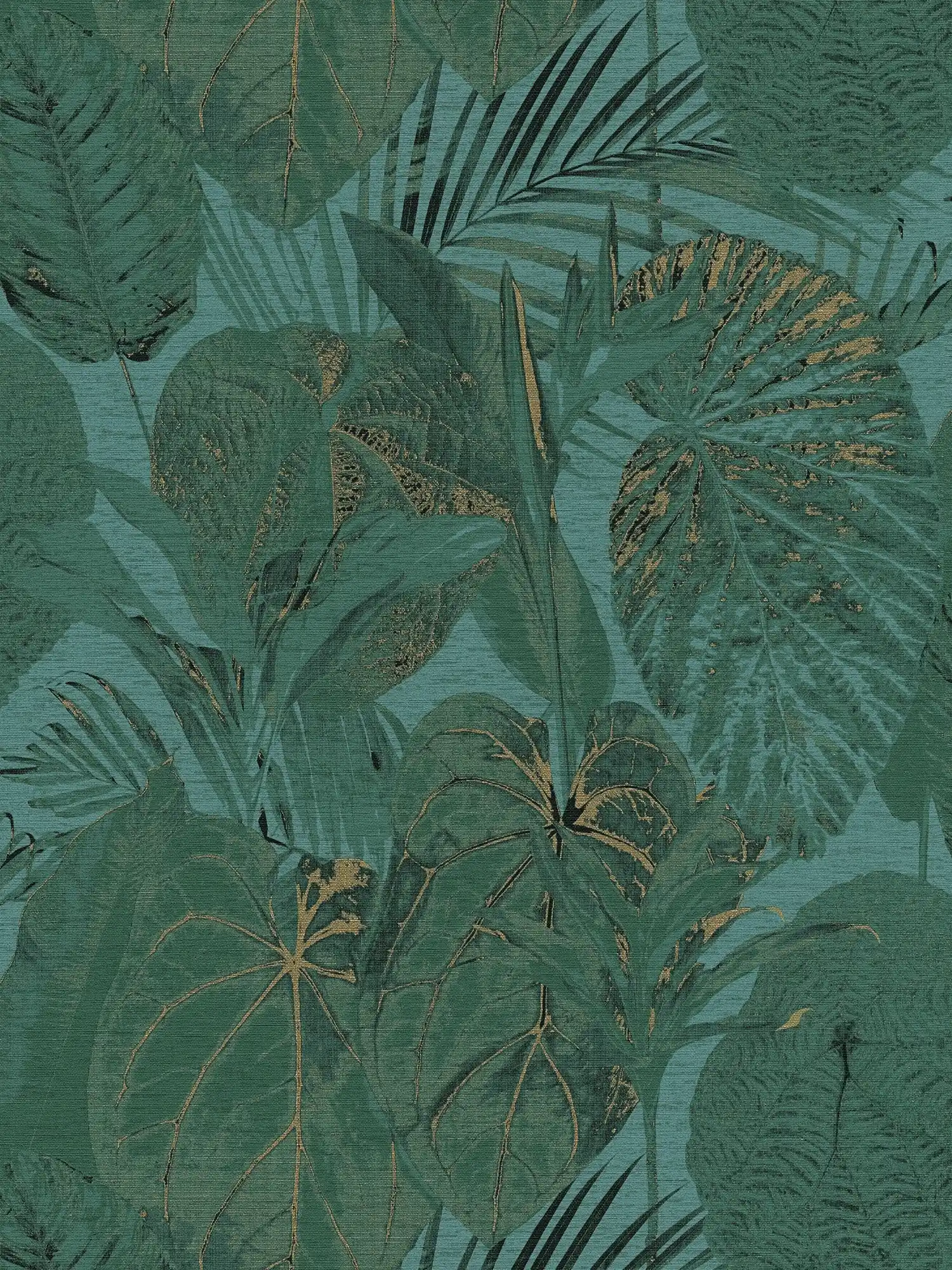 Papel pintado no tejido con motivos de hojas y selva ligeramente brillante - petróleo, verde, dorado
