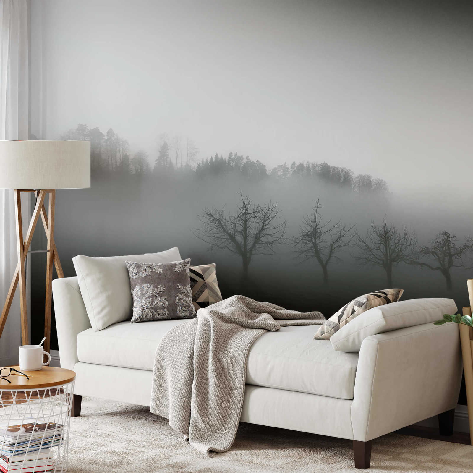             Photo wallpaper landscape with fog - black, white, grey
        