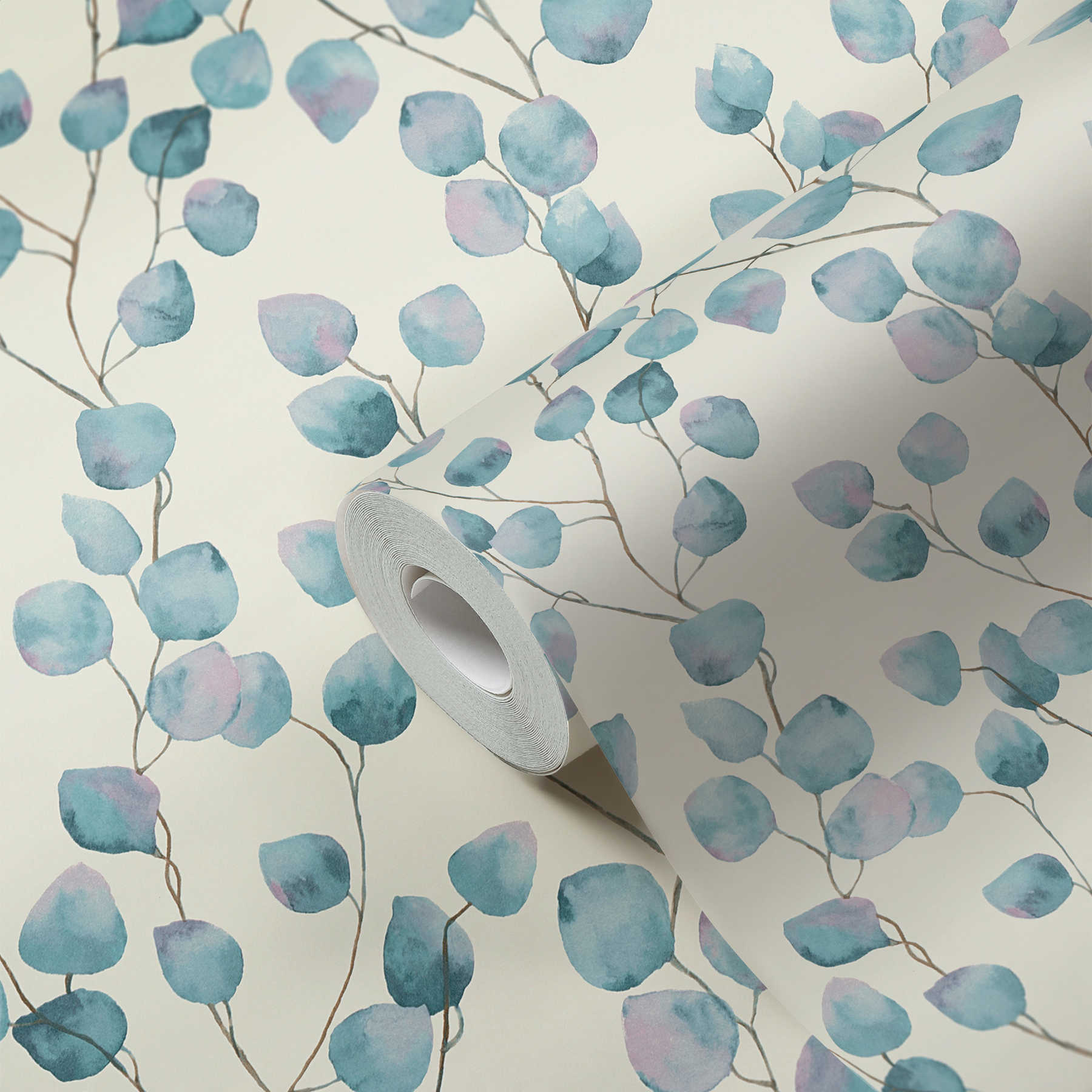             Carta da parati in tessuto non tessuto a forma di viticci di foglie in stile acquerello - blu, bianco
        