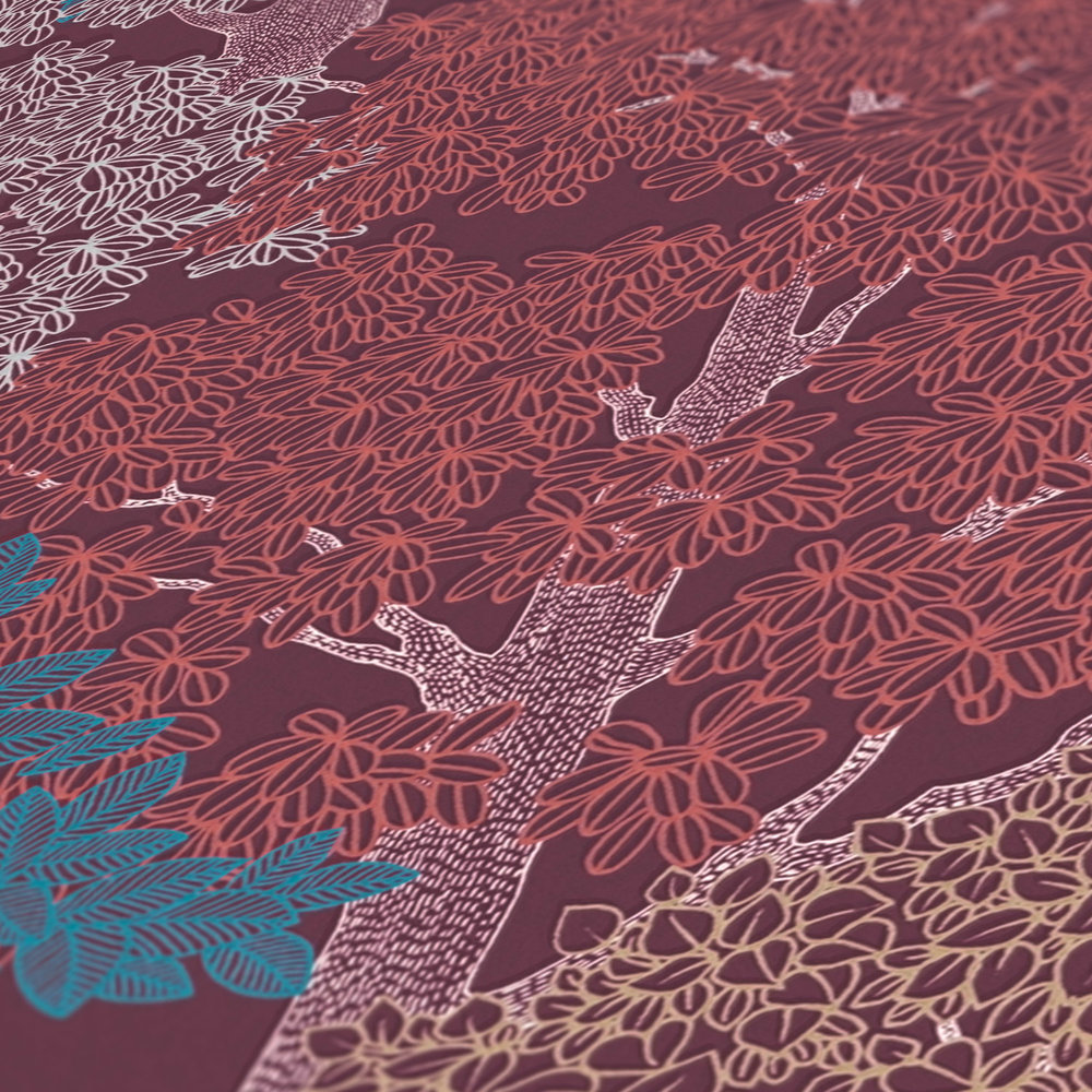             Papel pintado de color rojo vino con motivos de bosque y árboles en estilo de dibujo - púrpura, rojo, amarillo
        