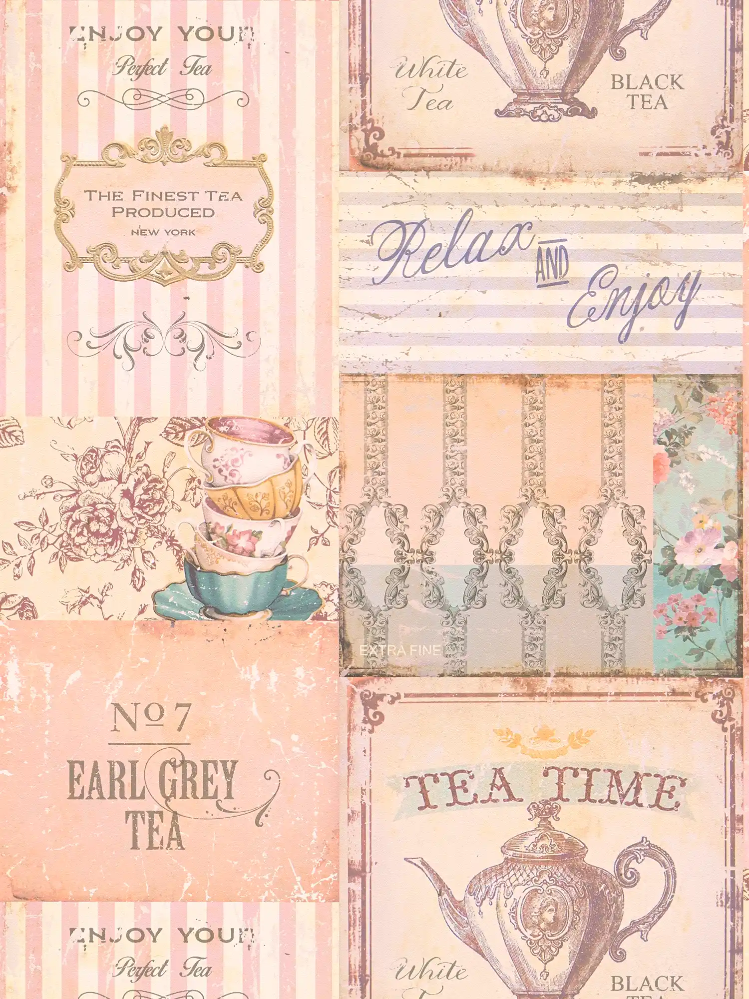 Kitchen wallpaper Tea Time collage in country style - pink, grey, blue
